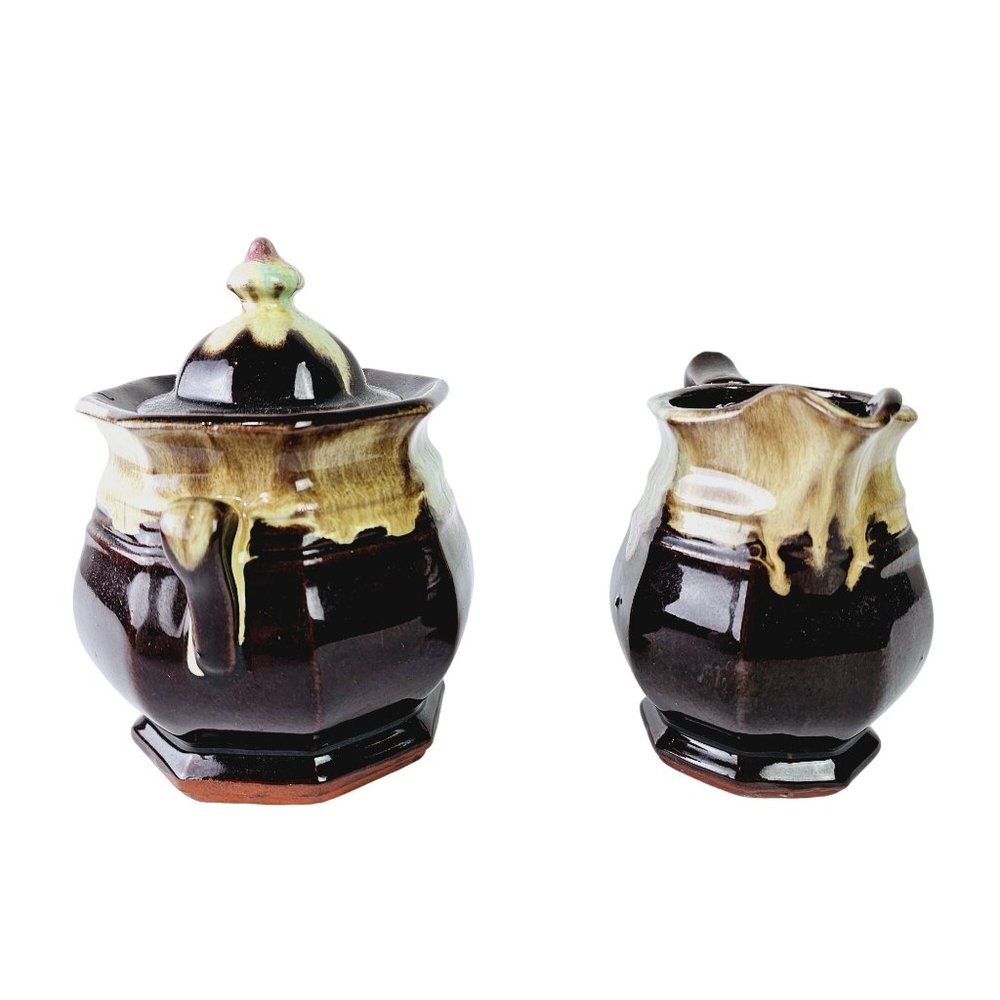 Vtg Van Briggle Glazed Drip Pottery Sugar Bowl & Creamer Set - Picture 2 of 10